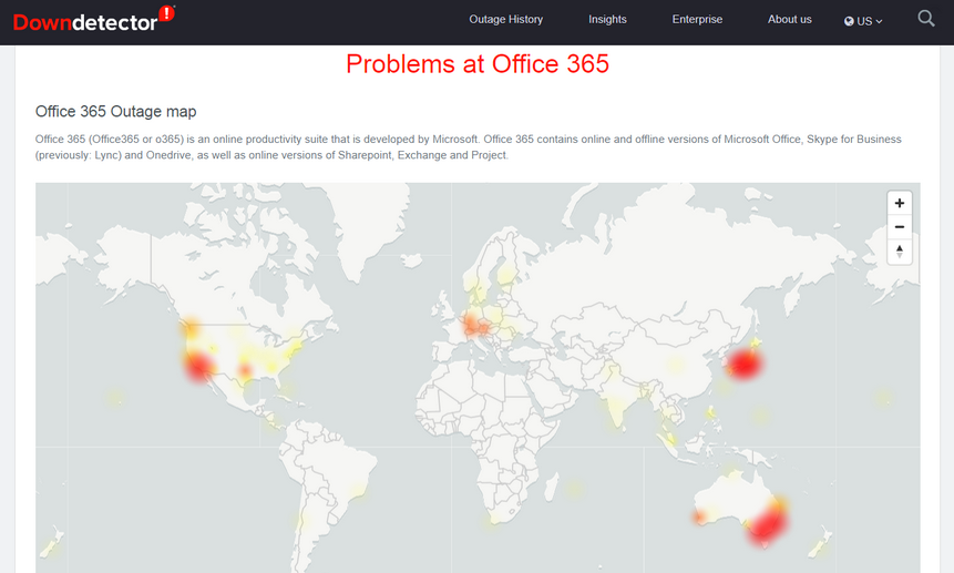 Фрагмент страницы с сайта Downdetector.com о проблеме с MS Office365.